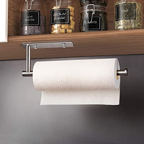 Under Cabinet Paper Towel Holder, Wall Mounted Kitchen and Bathroom Roll Holder with Damping Effect, Brushed Silver Stainless Steel