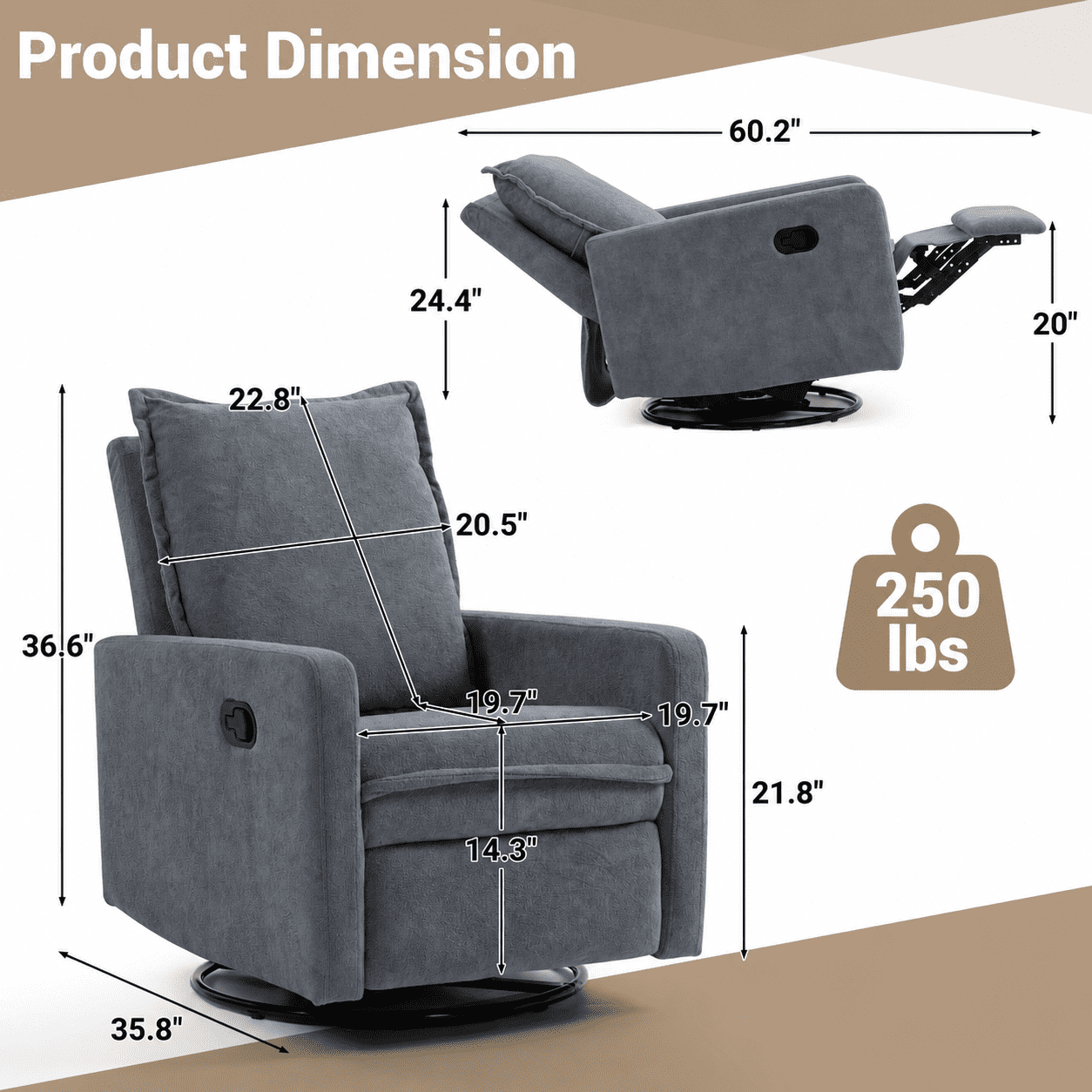 Paproos Swivel Rocker Recliner, Velvet 360°Swivel Rocking Recliner, Glider Rocking Chair for Nursery, Small Rocker Chair for Small Space, Manual Recliner for Adults for Home Theater, Gray