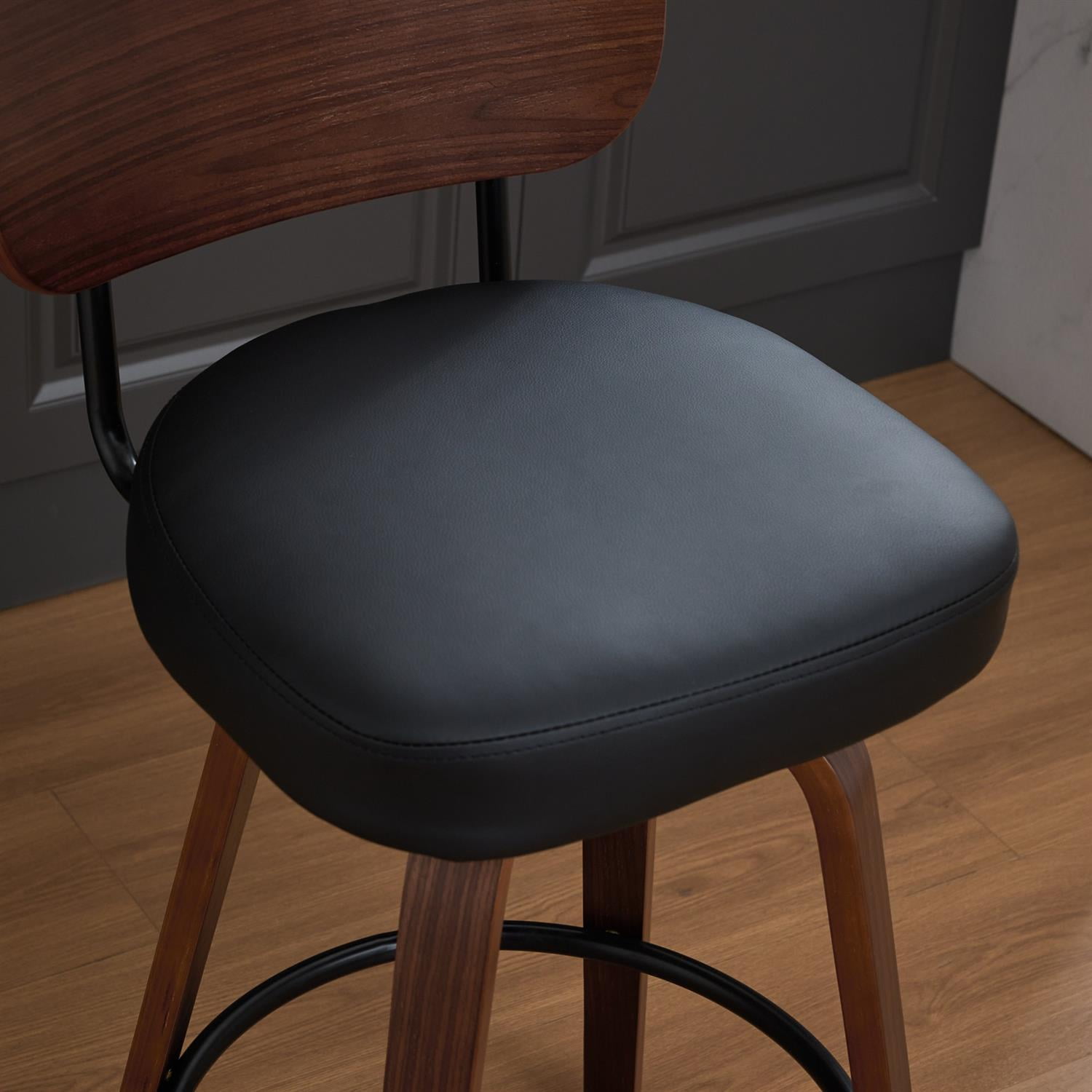 Demi Bonn 35" Swivel Bar Stools Set of 2 with Upholstered Faux Leather， Walnut Back & Bentwood Legs, Counter Height Stools for Kitchen or Bar Seating, Black