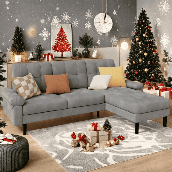 Lofka Convertible Sofa and Velvet L Shaped Sectional Couch Bed with 5" Thick Cushions for Living Room and Office Gray