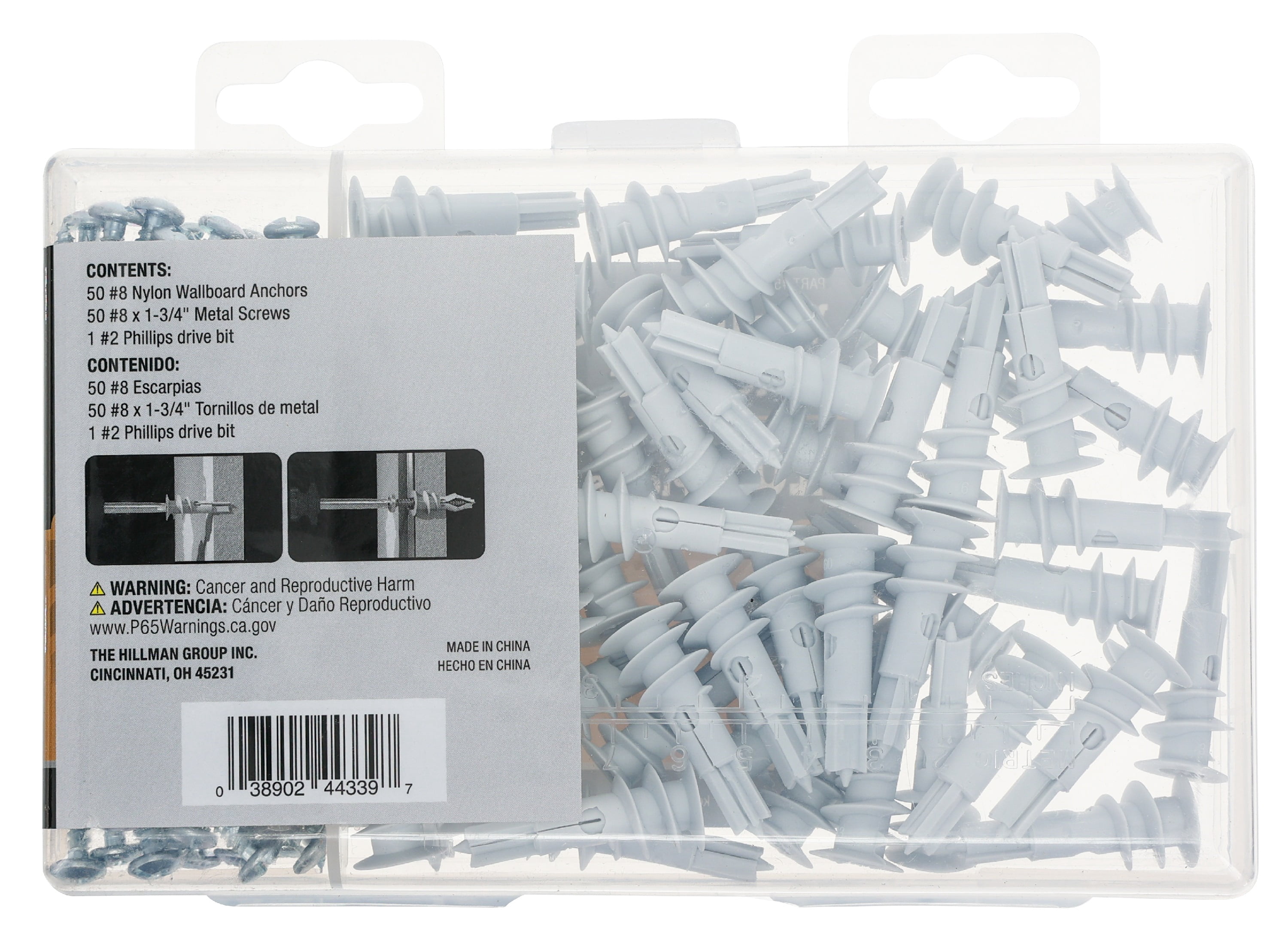Hillman Drywall Anchor Screws, #8, Nylon, Pan Head Phillips, 75 lb., White, 50 pack