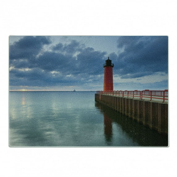 Wisconsin Cutting Board, Image of Milwaukee Lighthouse with Dramatic Cloudy Sky and Tranquil Pure Water, Decorative Tempered Glass Cutting and Serving Board, in 3 Sizes, by Ambesonne