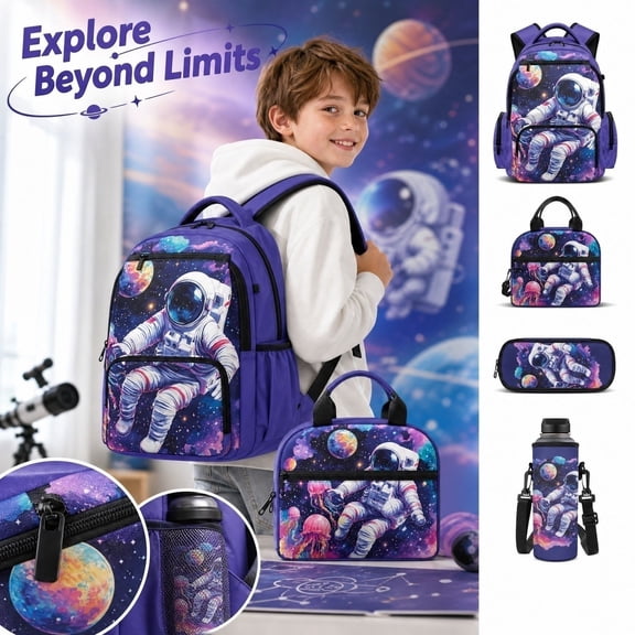 4 Pack Back to School Supplies Set Astronaut Print Kids Backpack with Insulated Lunch Bag Pencil Case and Water Bottle Holder for Elementary Middle School Boys