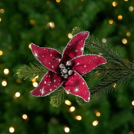 Starburst Flower Glittered Clip-on Christmas Ornament - 6" - Red and Silver