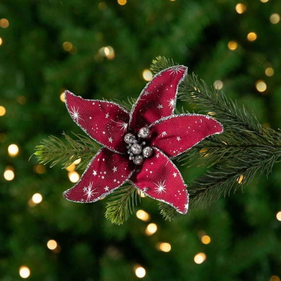 Starburst Flower Glittered Clip-on Christmas Ornament - 6" - Red and Silver