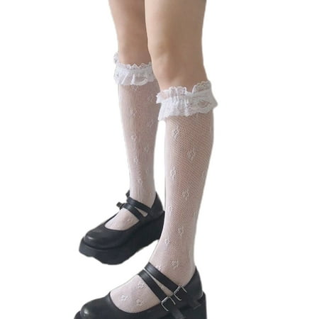 

Lolita Hollow Lace Knee High Long Socks Ruffles Trim Floral Fishnet Stockings