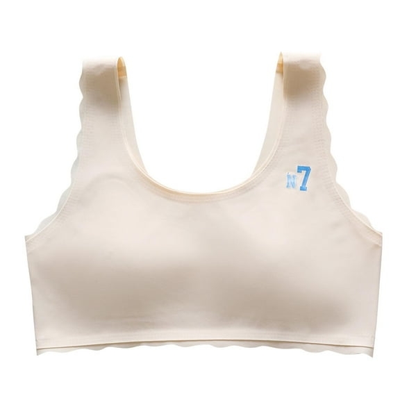 Xfvqtps Girls Bras with Padded Fixed Cup Seamless Wavy Edge Ice Silk Cooling Training Bra for Teen Big Kids Clavar N7 Embroidery Comfortable Breathable Girls Bras for 12-15 Years Beige