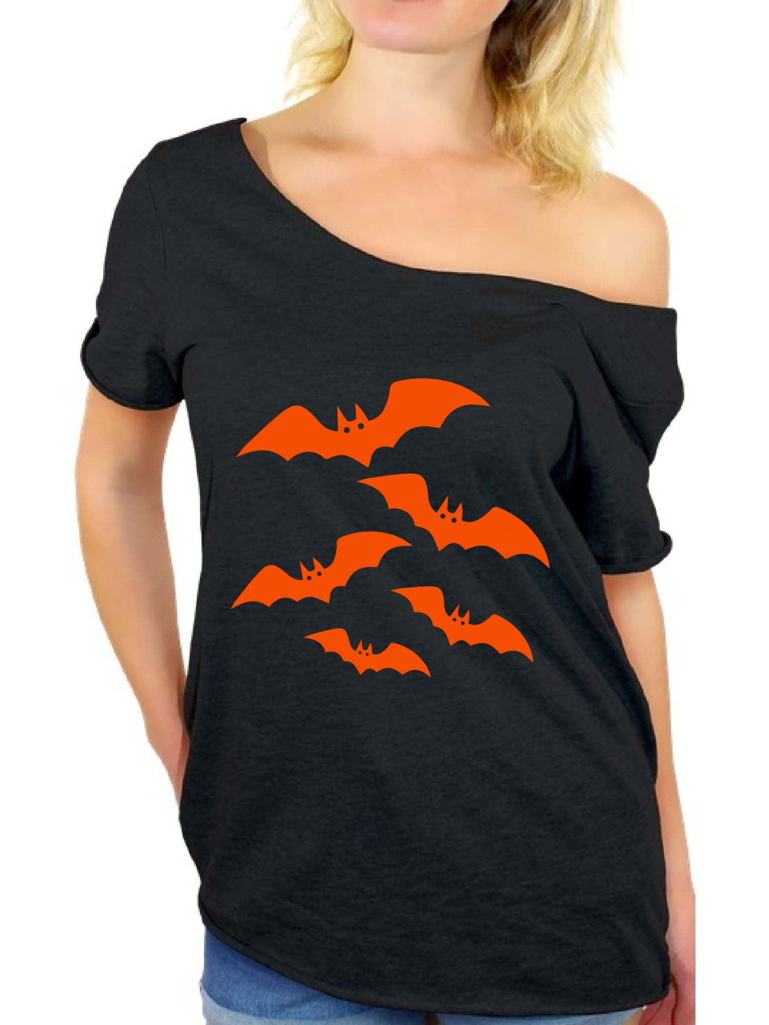 Awkward Styles Orange Bats Off Shoulder Shirt Women's Halloween Baggy