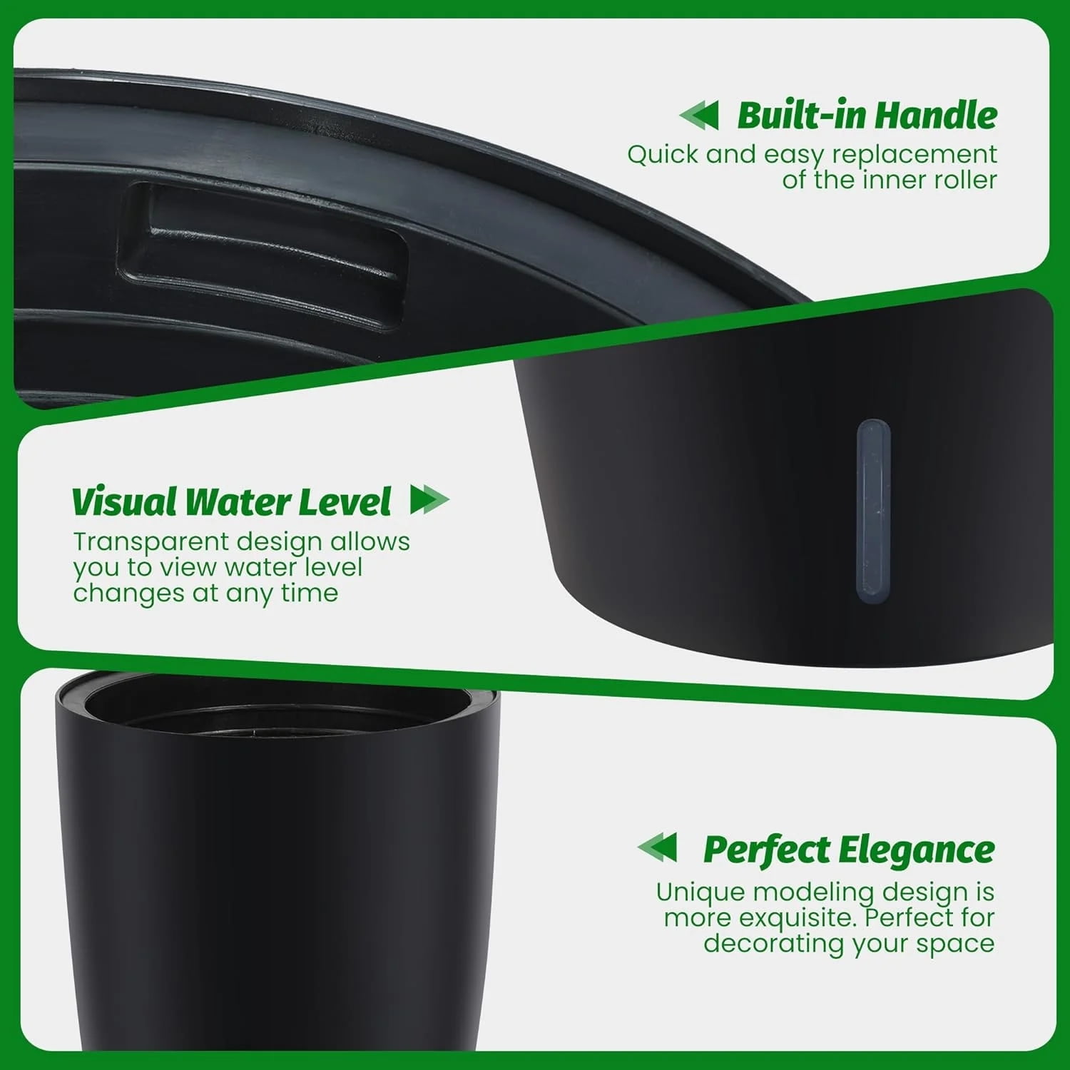 Riedhoff 15.7" Tall Round Planter Pots, Built-In Drainage, Self-Watering, 2 Count, Black
