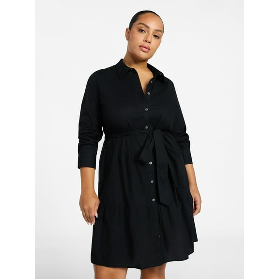 Terra & Sky Women's Plus Size Tiered Shirt Dress with Long Sleeves, Sizes 0X-5X
