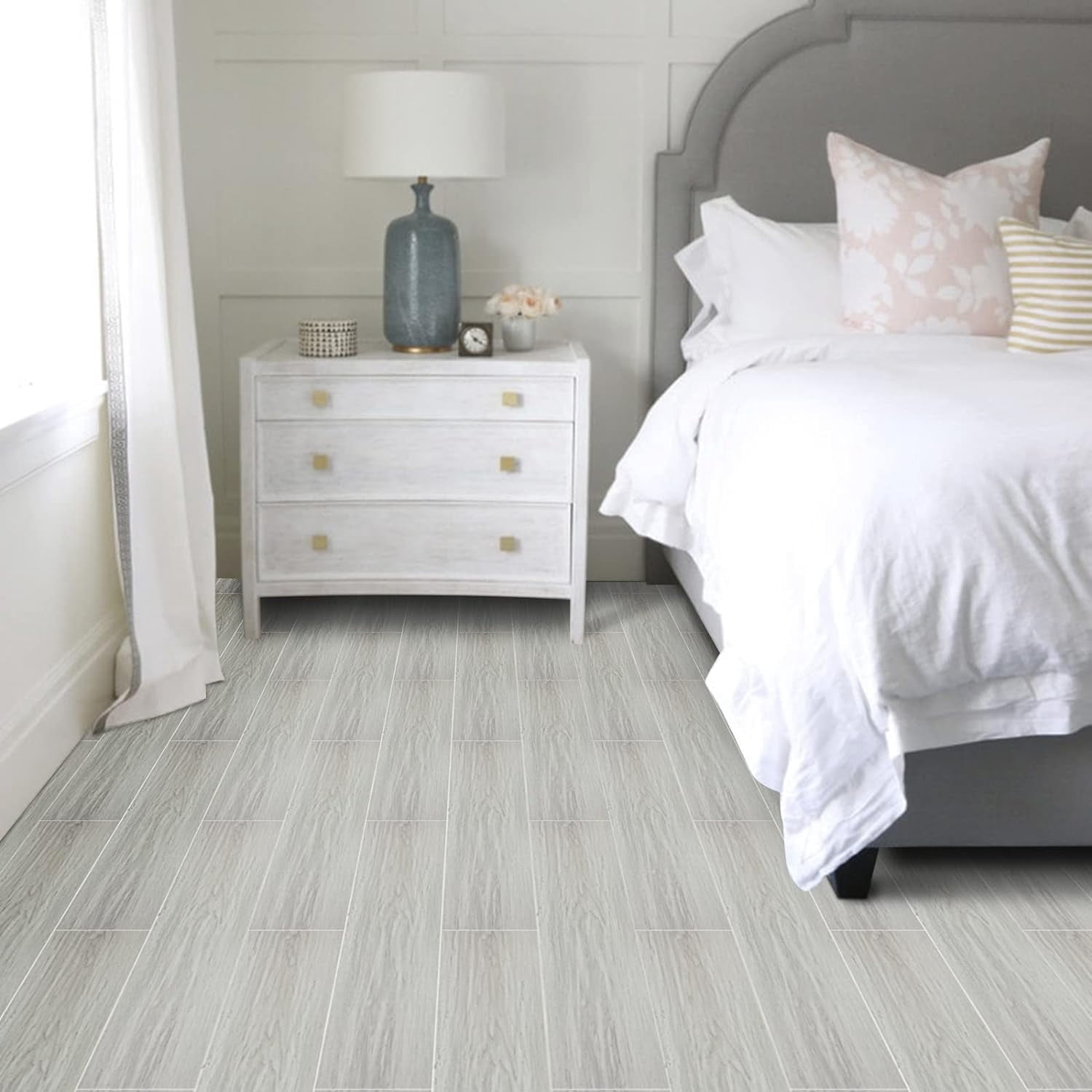 Lxcreat Peel and Stick Vinyl Flooring Gray Tile Plank Easy to Paste 35-in x 6-in, Self-Adhesive DIY Flooring Grain Feel for Kitchen Dinning Room Bedroom Home Decoration 10 Pcs