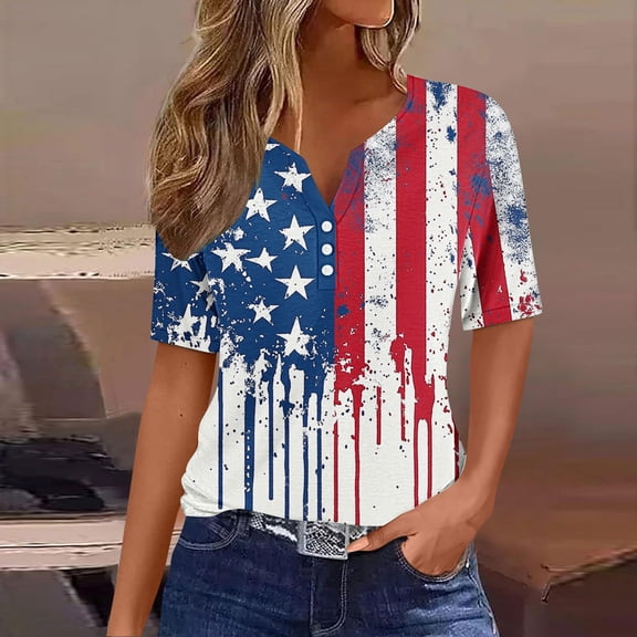 Cavosen 4th of July Shirts for Women Petite Red White and Blue Short Sleeve V Neck T Shirts USA Star Striped Graphic Tops Lady XL Patriotic Casual T Shirts Independence Day Tunic Tees