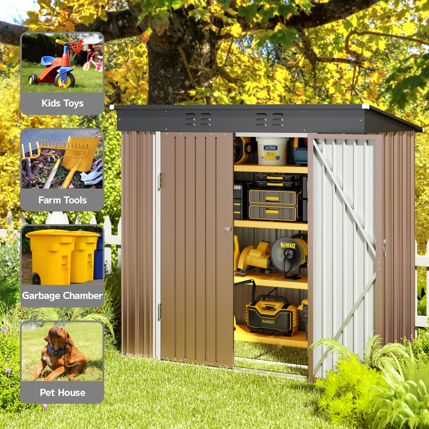 Asofer 6x4 FT Alloy Steel Outdoor Storage Shed, Double Lockable Door Utility Tool Shed, All Weather Metal Garden Shed, Brown