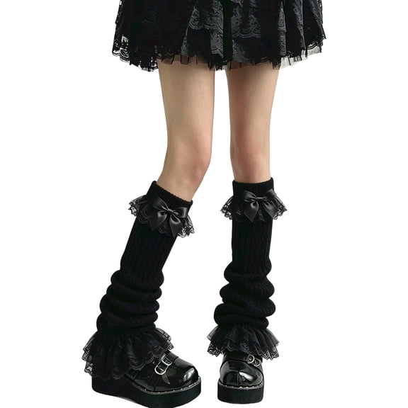 Womens Cute Bow Lace Thigh High Socks Open Toe Leg Warmers Japanese JK Style Knit Knee High Socks Black One Size