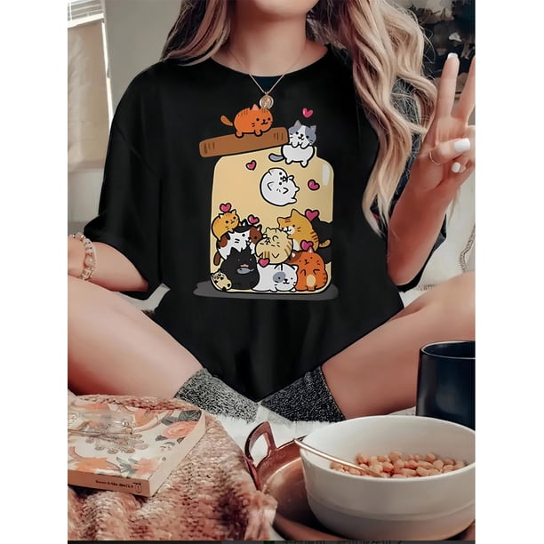 Camiseta básica de verano para mujer1pc WhimsyCat Women'S Casual Crew Neck T-Shirt, Cute Animal Print Polyester Knit Fabric, Medium Stretch Comfort Fit for All SeasonsFather's Day, Mother's Day, New