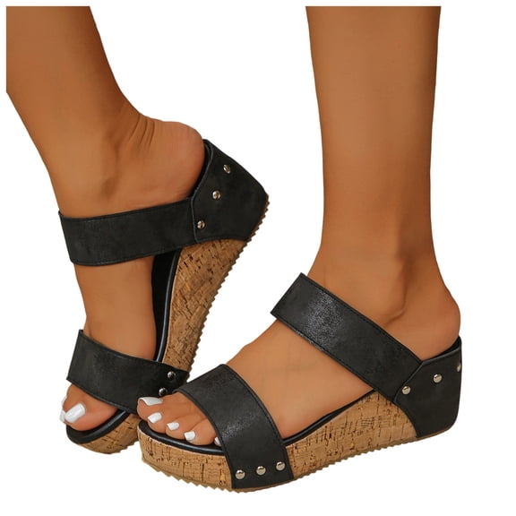 Rokment Women's Polka Dot Cork Footbed Slip on Dress Sandals Retro Beach Casual Leather Open Toe Platform Wedge Chunky Heels Slides Comfortable Backless Walking Summer Shoes Black Size 6.5