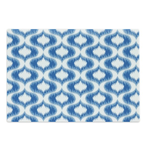 Ikat Cutting Board, Ikat Damask Linked Motifs Pattern Blurry over Finer Tied Warp and Weft Yarns Design, Decorative Tempered Glass Cutting and Serving Board, Large Size, Blue White, by Ambesonne
