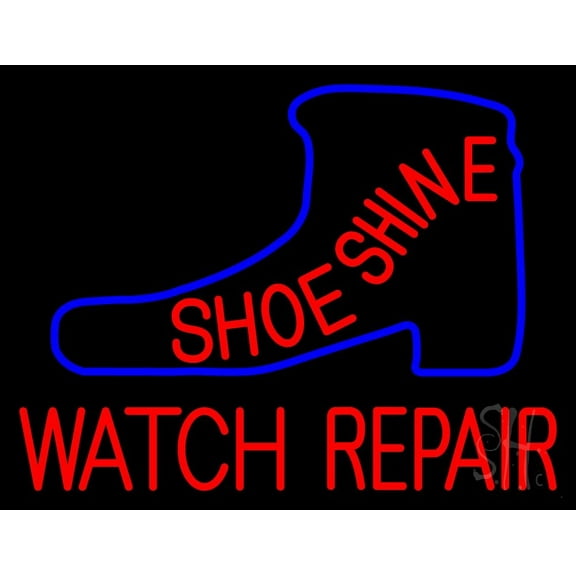 Shoeshine Watch Repair LED Neon Sign 15 x 19 - inches, Black Square Cut Acrylic Backing, with Dimmer - Bright and Premium built indoor LED Neon Sign for store interior Décor, Storefront.