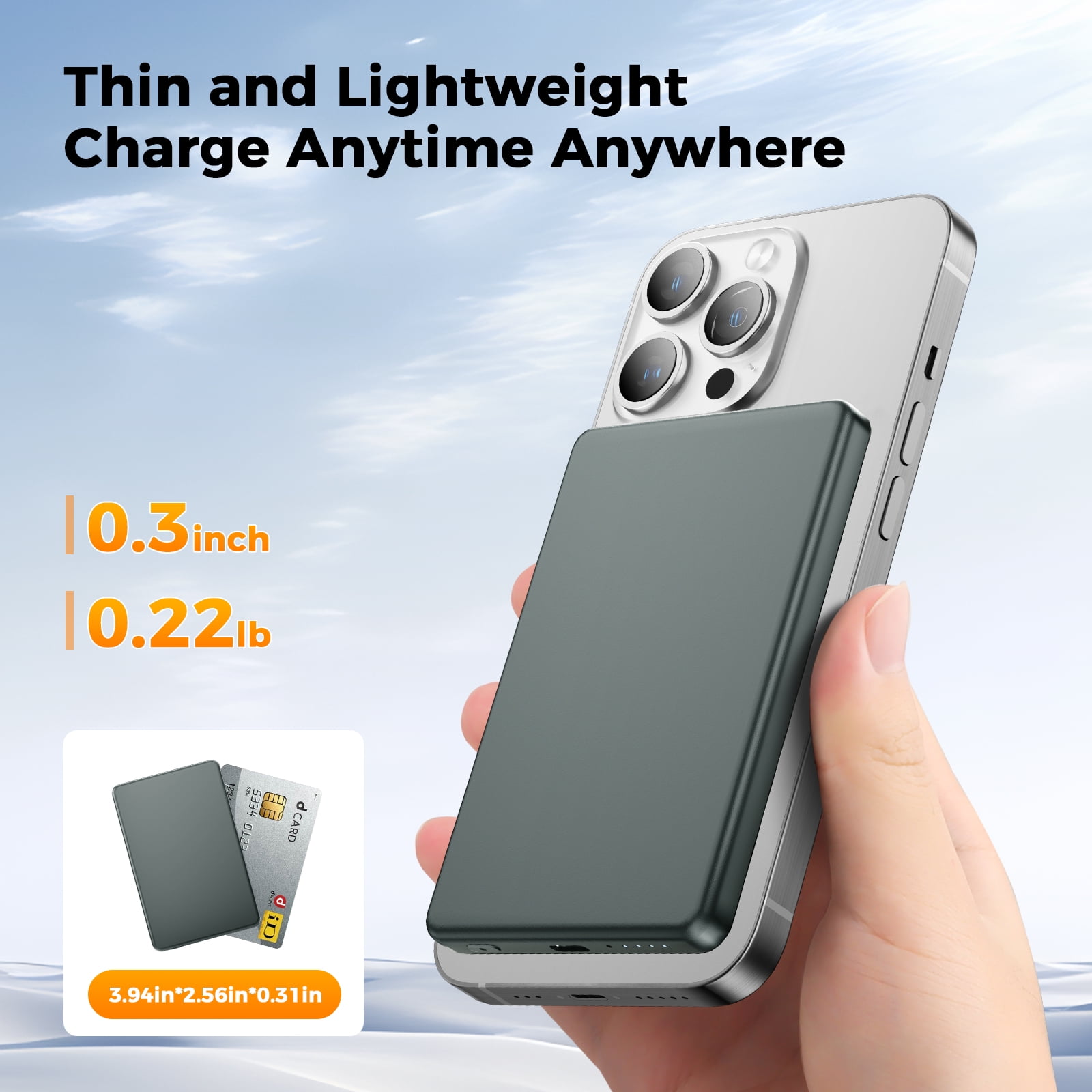 0.3" Ultra Slim MagSafe Portable Charger iPhone, 5000mAh Magnetic Wireless Portable Charger with Fast Charging, Slim MagSafe Battery Pack for iPhone 16 Pro Max/16 Pro/16/15/14/13/12, Grey
