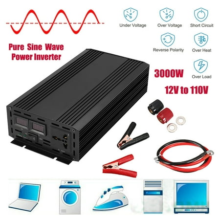 3000W Peak Pure Sine Wave Power Inverter DC 12V to 110V 120V AC Converter