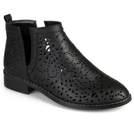 - Womens Stacked Heel Laser Cut Faux Leather Booties