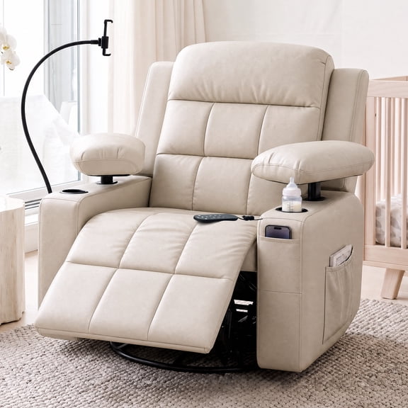LAZZO Nursery Recliner Chair, Power 320° Swivel Chair with Remote, Cup Holder, Adjustable Armrest, Footrest, Beige White