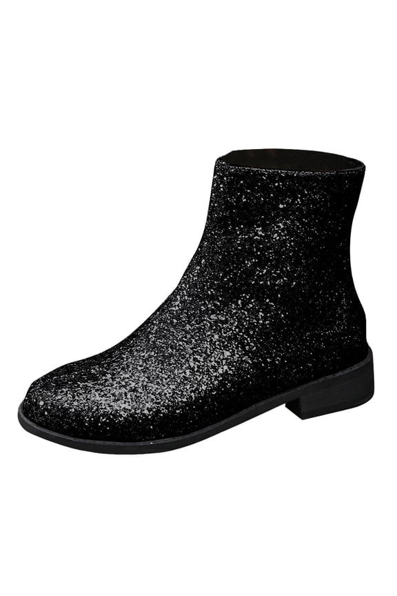 Women Sequin Ankle Boots Round Toe Low Chunky Heel Dress Boots Stylish Sparkly Glitter Booties Side Zip Zipper Wedding Evening Party Dress Shoes