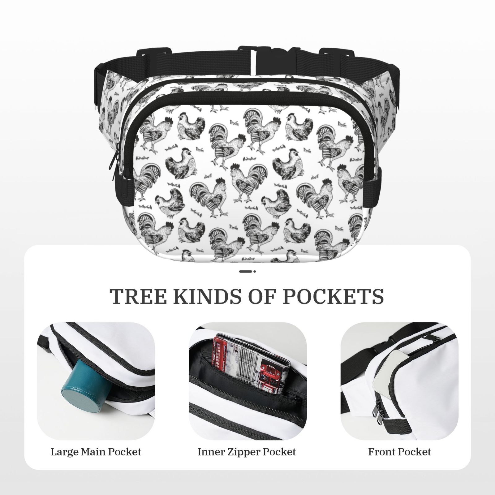 Hirioo Retro Rooster for Double Layer Waist Bag Adjustable Fanny Pack For Travel Running Hiking