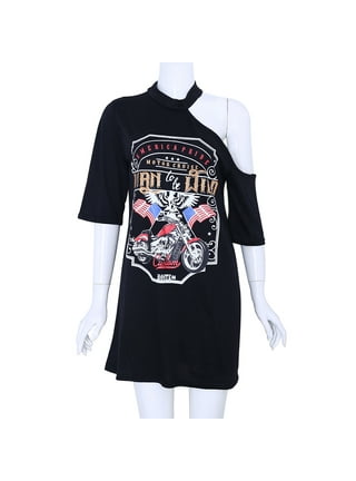 Women Vintage Rock Style Long T-Shirt Mini Dress Casual Party Holiday TShirt  Top