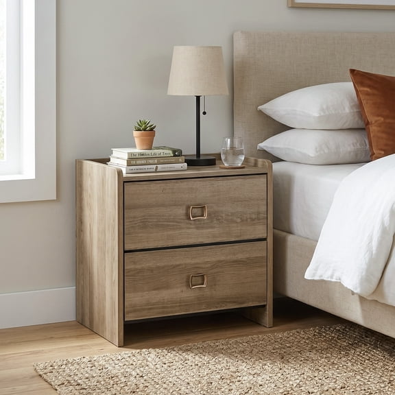 Furniture of America Mavric Modern Wood 2-Drawer Nightstand with Raised Top Edge, Dusty Oak