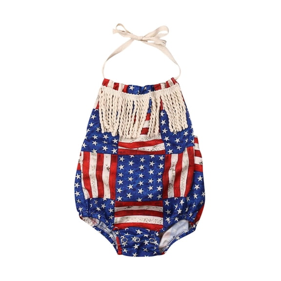 BemeyourBBs Newborn Baby Girl 4th of July Outfit Summer Tassel Romper Patriotic Independent Day Clothes Sleeveless Strap Halter American Flag Print Backless Bodysuit Playsuit Fourth of July Outfits