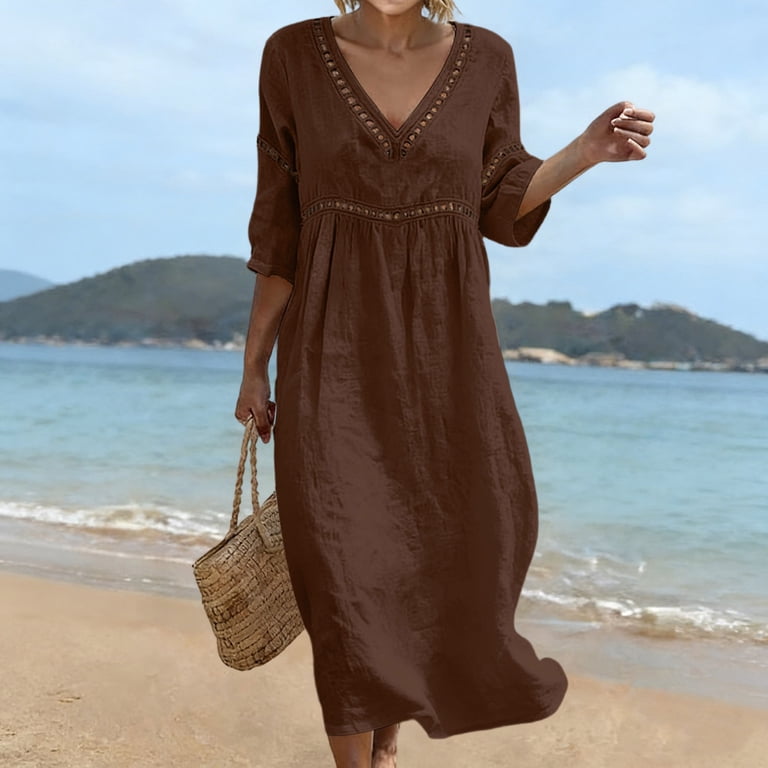 brown cinched dress Jinhomg Women's 2026 V-Neck Cinched Waist Midi Dress, Mid Sleeve Casual Tunic Dress with Multiple Colors, All Occasion Brown XXL, Size: 2XL