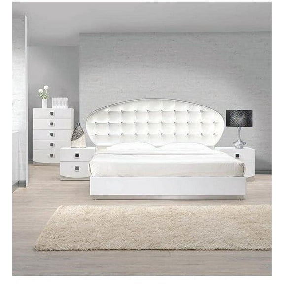 Luxurious 4PC California King Bedroom Set, Platform Bed, 2 Nightstand, and Chest, White Lacquer Finish