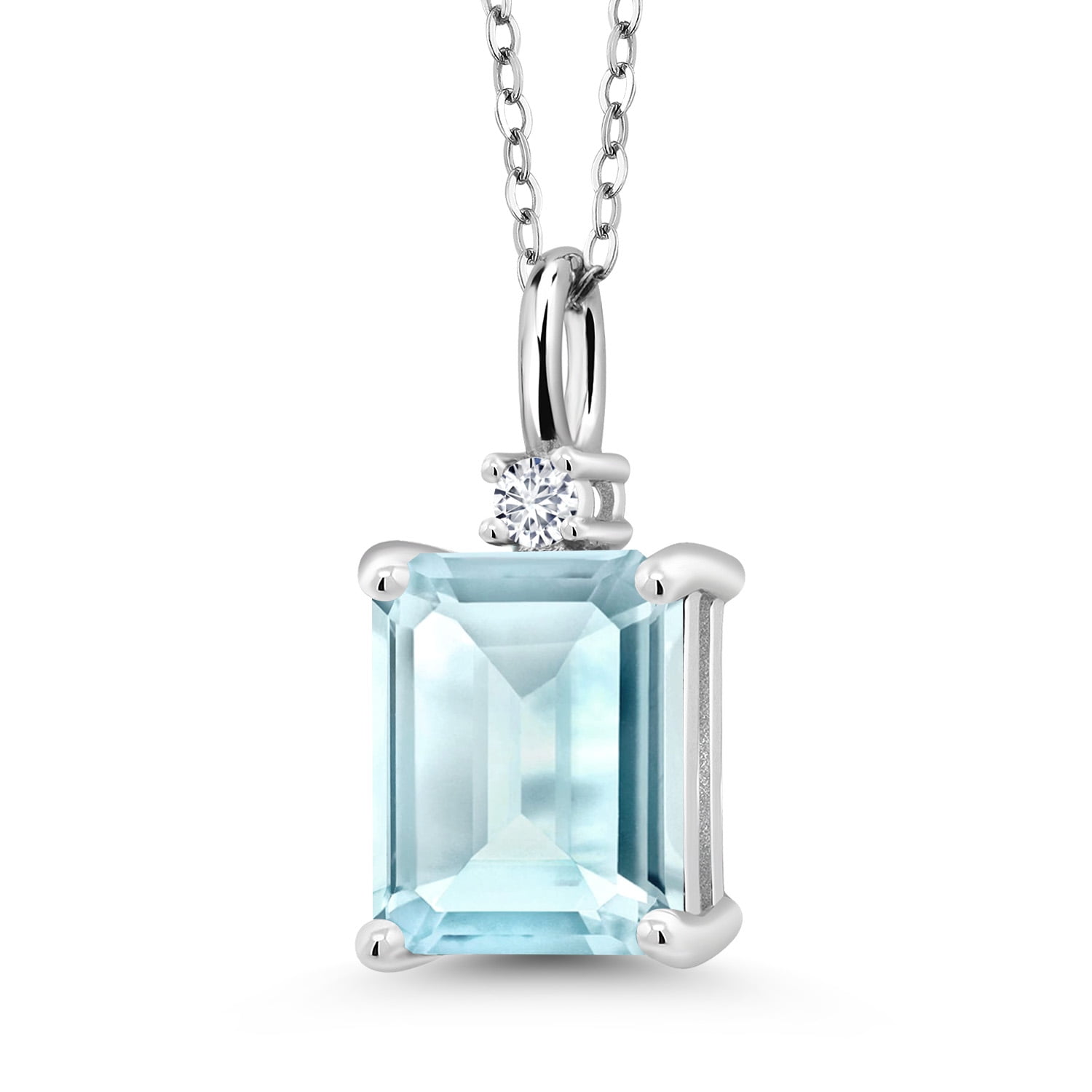Gem Stone King 925 Silver Sky Blue Topaz and White Lab Grown Diamond Pendant Necklace for Women (4.04 Cttw, Gemstone November Birthstone, Emerald Cut 10X8MM with 18 inch Silver Chain)