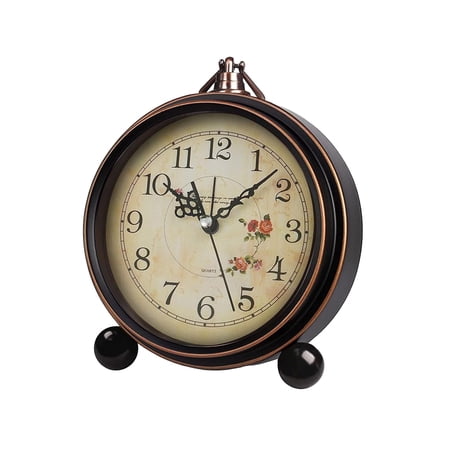 Retro Metal Table Clock, Silent Round Clock Mechanism, Vintage Battery Operated Silent Quartz Movement HD Glass Small Desk Clock for Living Room Indoor Decoration