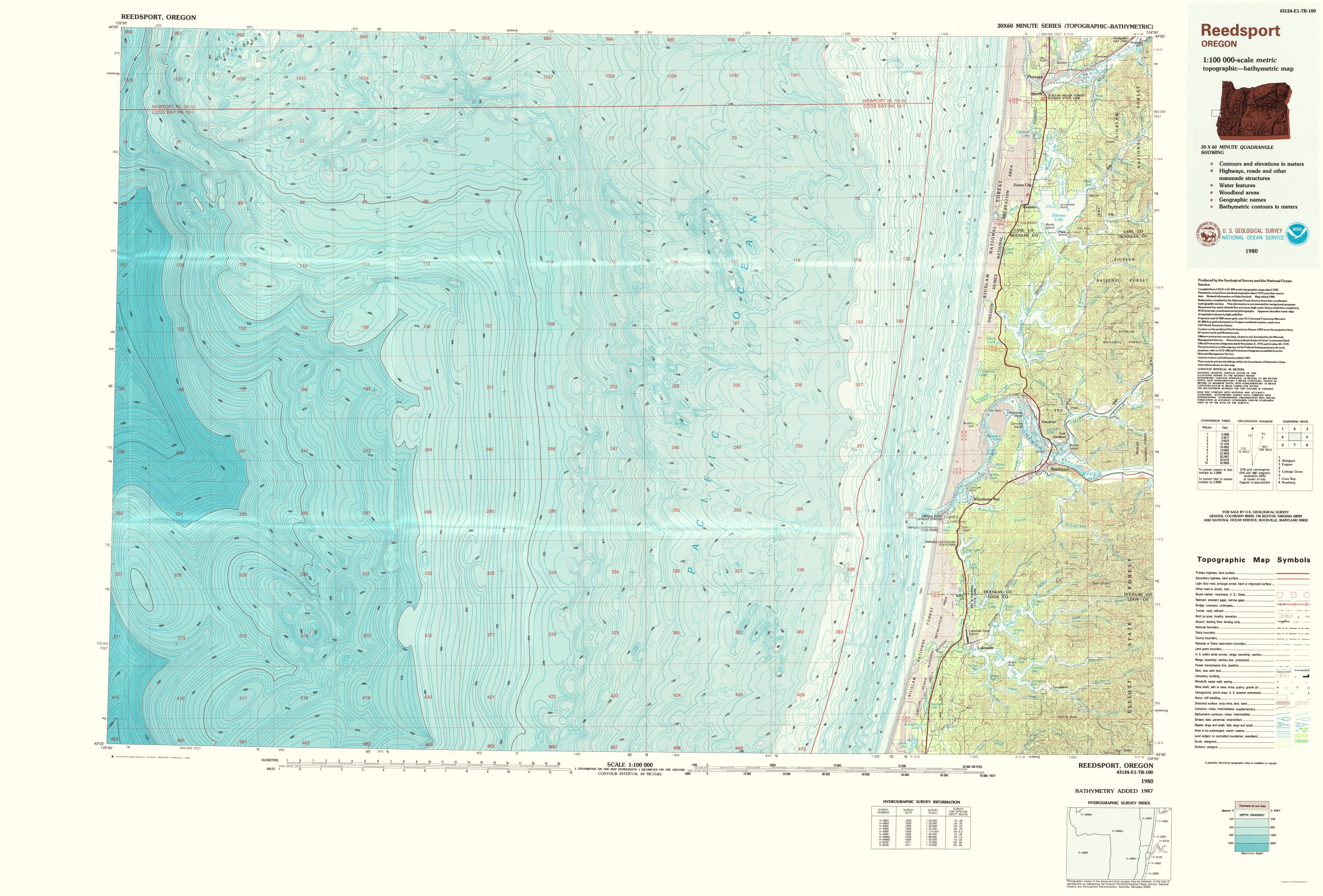 Topo Map Reedsport Oregon Quad USGS 1980 23.00 x 33.96 Glossy
