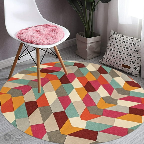Tufted Rug 5X5, Geometric Carpet, Wool Rugs, Bed, Living room, Round Carpet