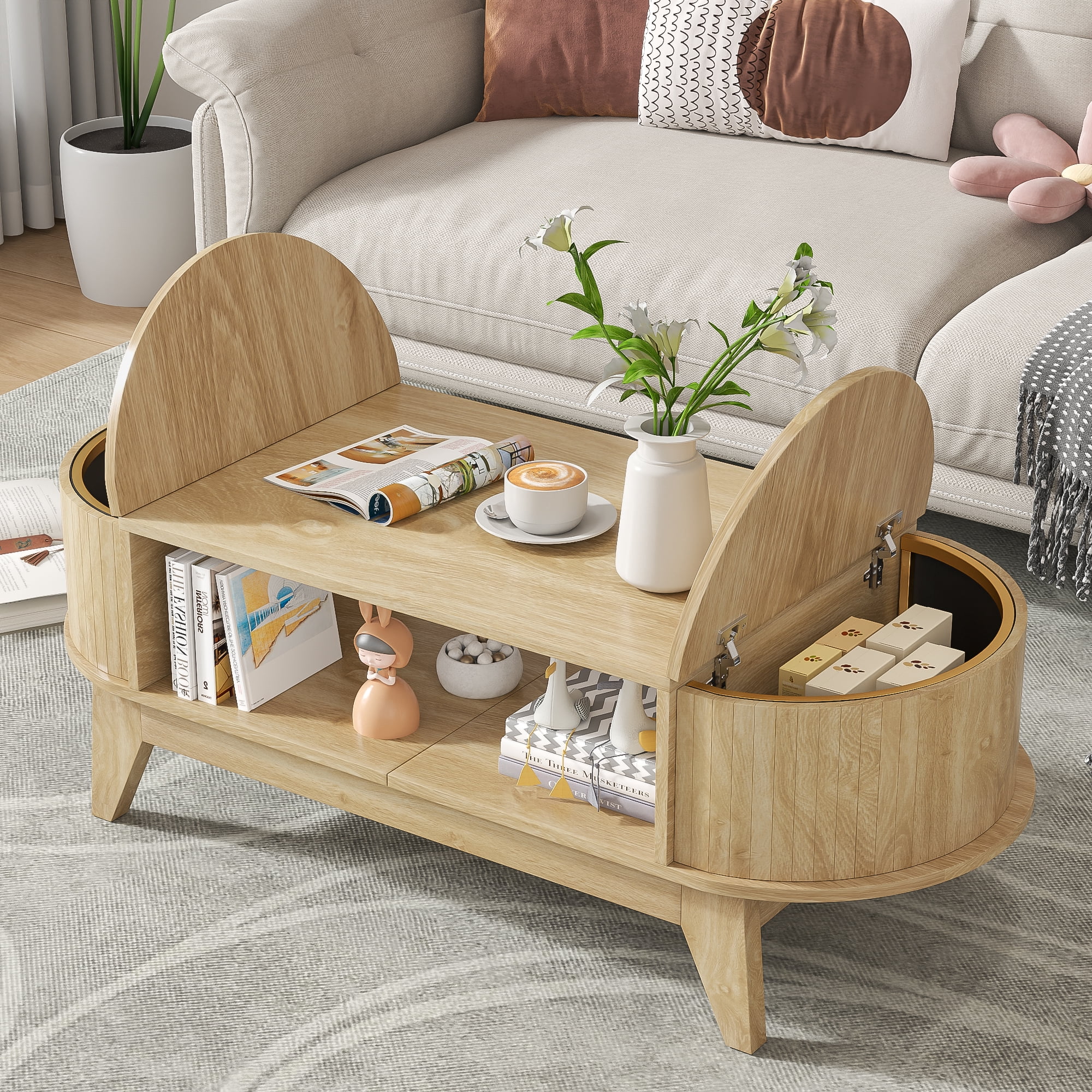 Fluted Coffee Table with Storage, Modern Coffee Tables, Wood Accent Center Table, Natural