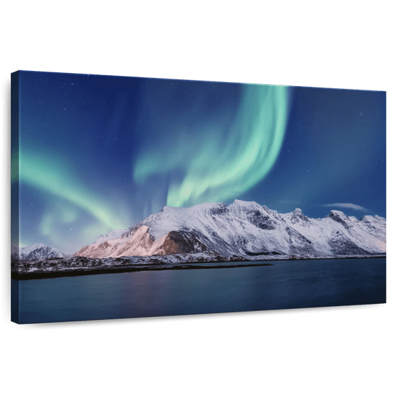 Elephant Stock Norwegian Peaks Aurora Wall Art - Horizontal Canvas Wall Art - Living Room Wall Decor - Nature Canvas - Blue And Green Decor - 12" x 8"