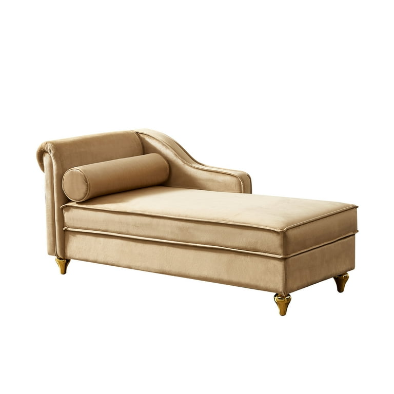 Modern Chaise Lounge Indoor with Storage Velvet Upholstered Chaise Lounge Chair with Bolster Pillow and Retro Metal Legs Sleeper Lounge Sofa Recliner