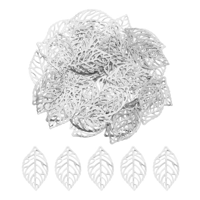 Uxcell 200Pcs Adornos de Hoja Hueca Plateada, Pendientes de Metal para Manualidades DIY para Horquillas
