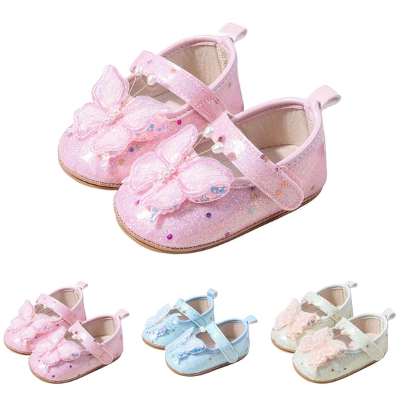 Dakaela 0-12M Baby Girls Glitter Mary Jane Flats Infant Bowknot Princess Wedding Dress Shoes Toddler Non Slip First Walkers Newborn Crib Shoes Beige