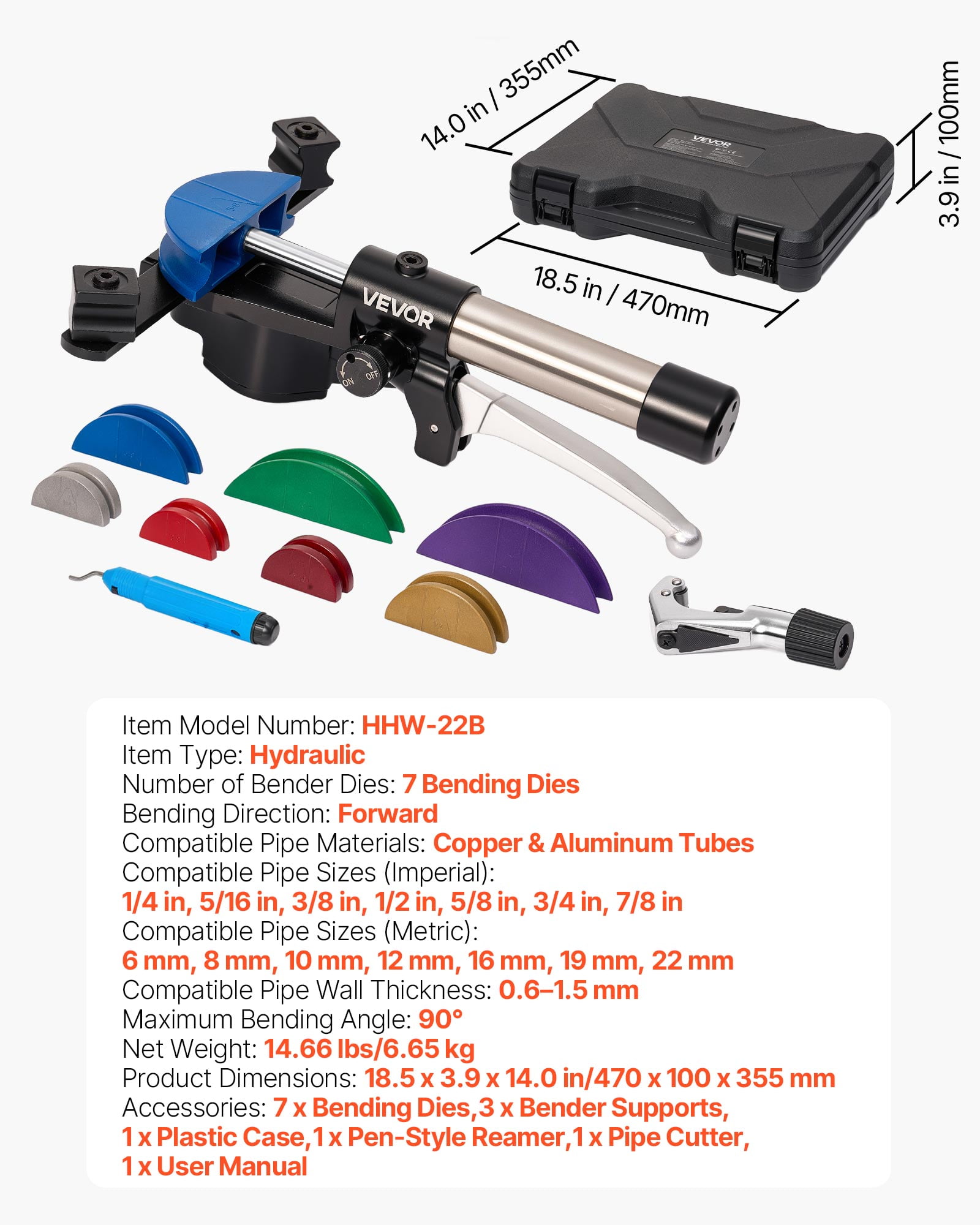 VEVOR Hydraulic Tubing Bender Kit, 1/4 to 7/8 Inch, Copper Tube Pipe Bender, HVAC Bending Tool Set, 90° Bend, with 7 Color Aluminium Alloy Dies, for HVAC Air Conditioning Refrigeration Auto Repair