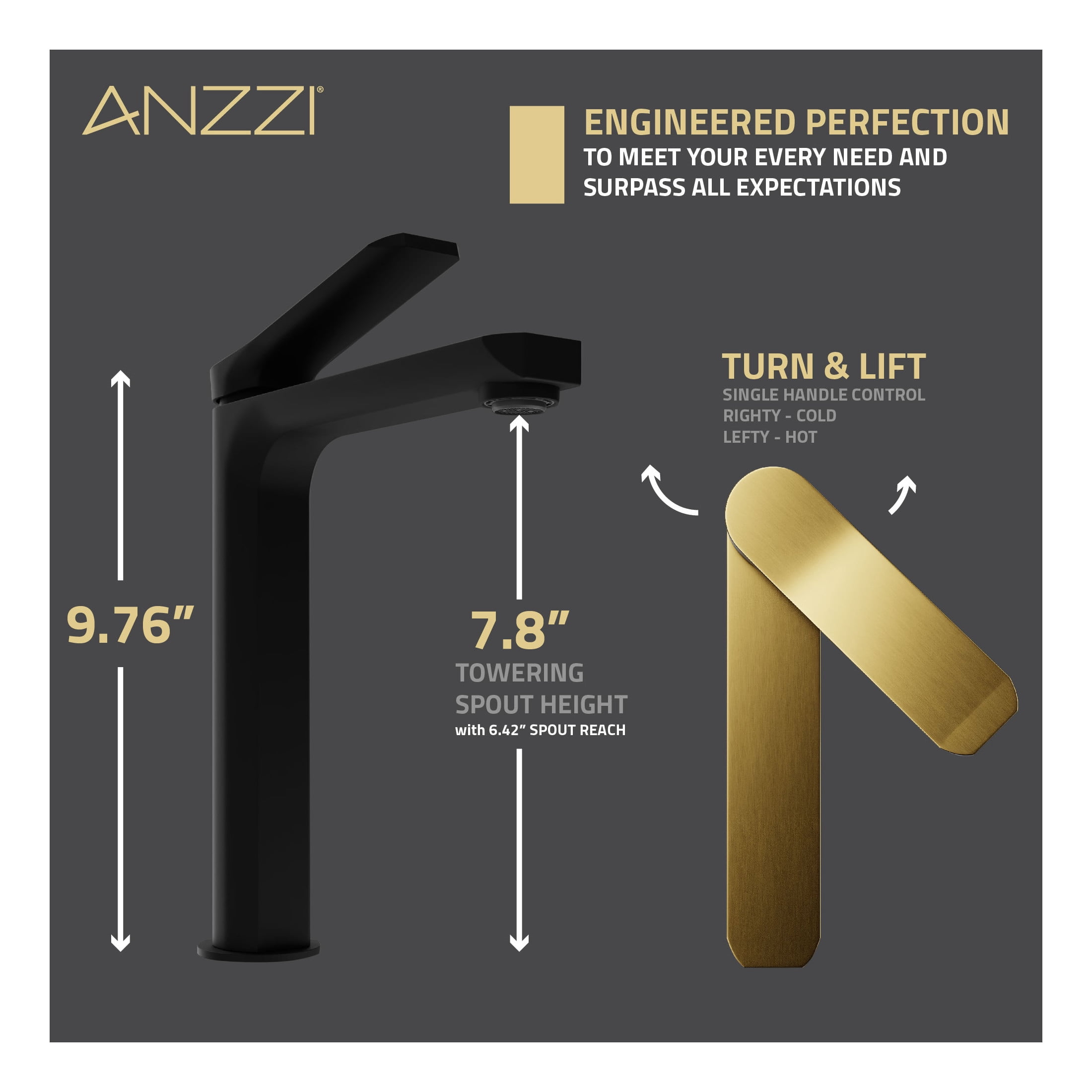 ANZZI Vessel Sink Faucet, Single-Handle Single-Hole with Pop-Up Drain in Matte Black & Brushed Gold