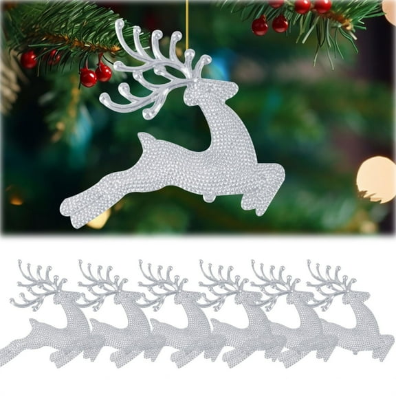 6-Pack Glitter Deer Christmas Ornaments - Silver 2.4 Inch Tree Hanging Decor