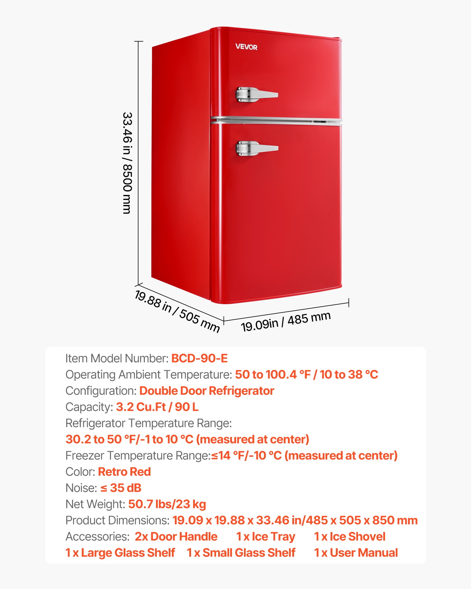 VEVOR Mini Fridge with Freezer, 3.2 Cu.Ft, Two Door Compact Refrigerator with Adjustable Temperature, Glass Shelf, Energy Efficient Dorm Fridge, Low Noise Small Refrigerator,for Bedroom,Office,Red