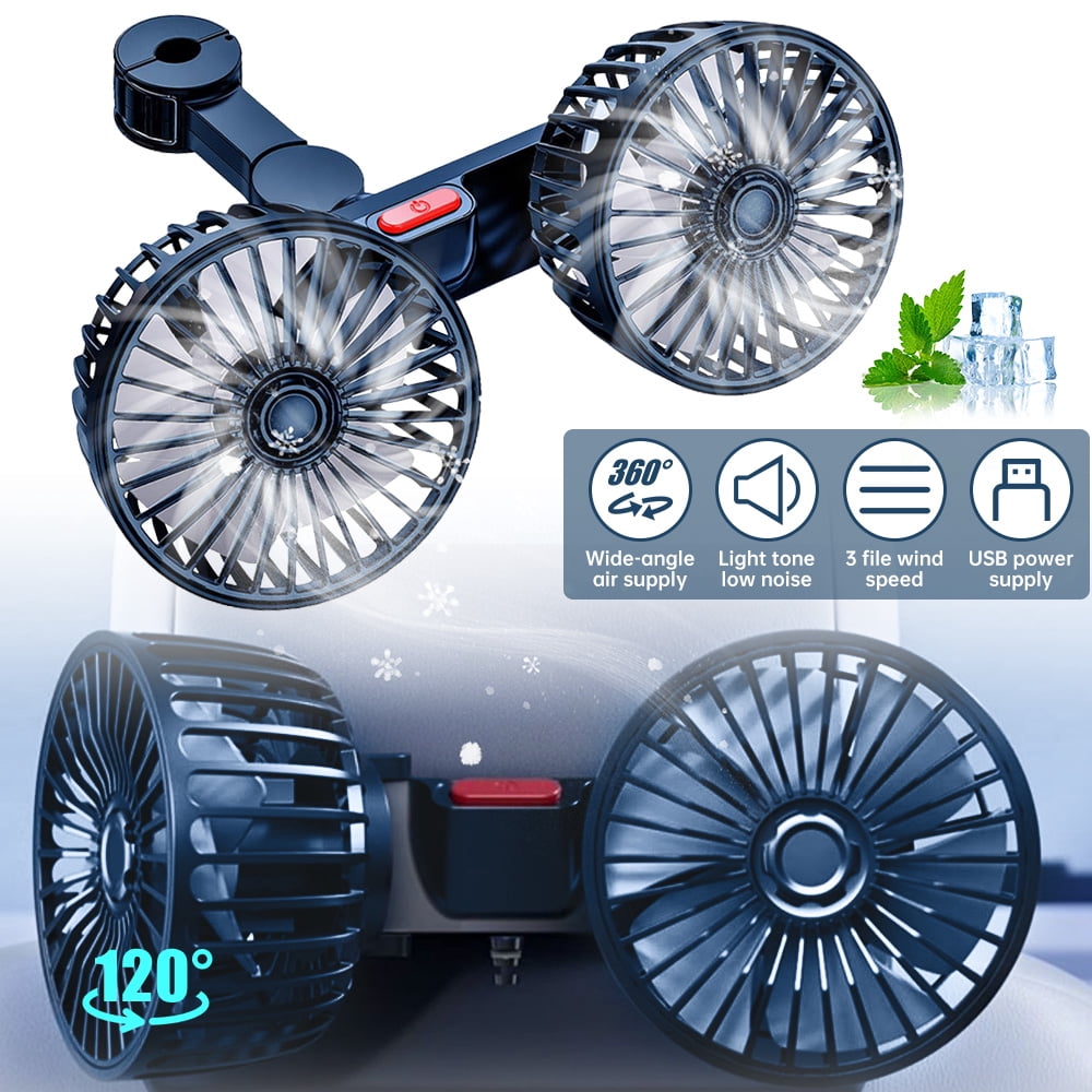 MDHAND 4 Inch Dual Head Car Fan, USB Vehicle Fan with Adjustable Clip, 360° Rotation, 30dB Quiet Motor, Includes Dual USB Car Charger