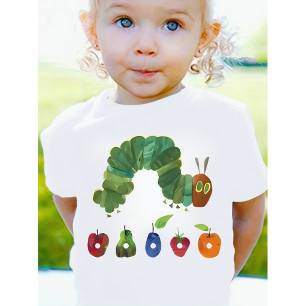 Adorable Cartoon for CATERPILLAR & Fruit Print Girls' T-Shirt - Soft Blend, Casual Round Neck, Short Sleeve, Machine Washable - Perfect for Summer