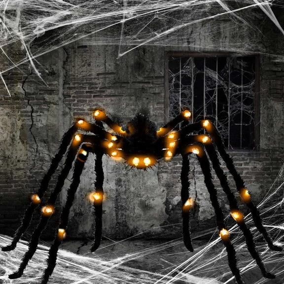 PALIFEUR Halloween Spider Outdoor/Indoor Decorations, 49 Inch Scary Giant Spider Props with Orange Lights for Halloween Outside Decor, Indoor Party Supplies and Yard Lawns Spiders Decoration