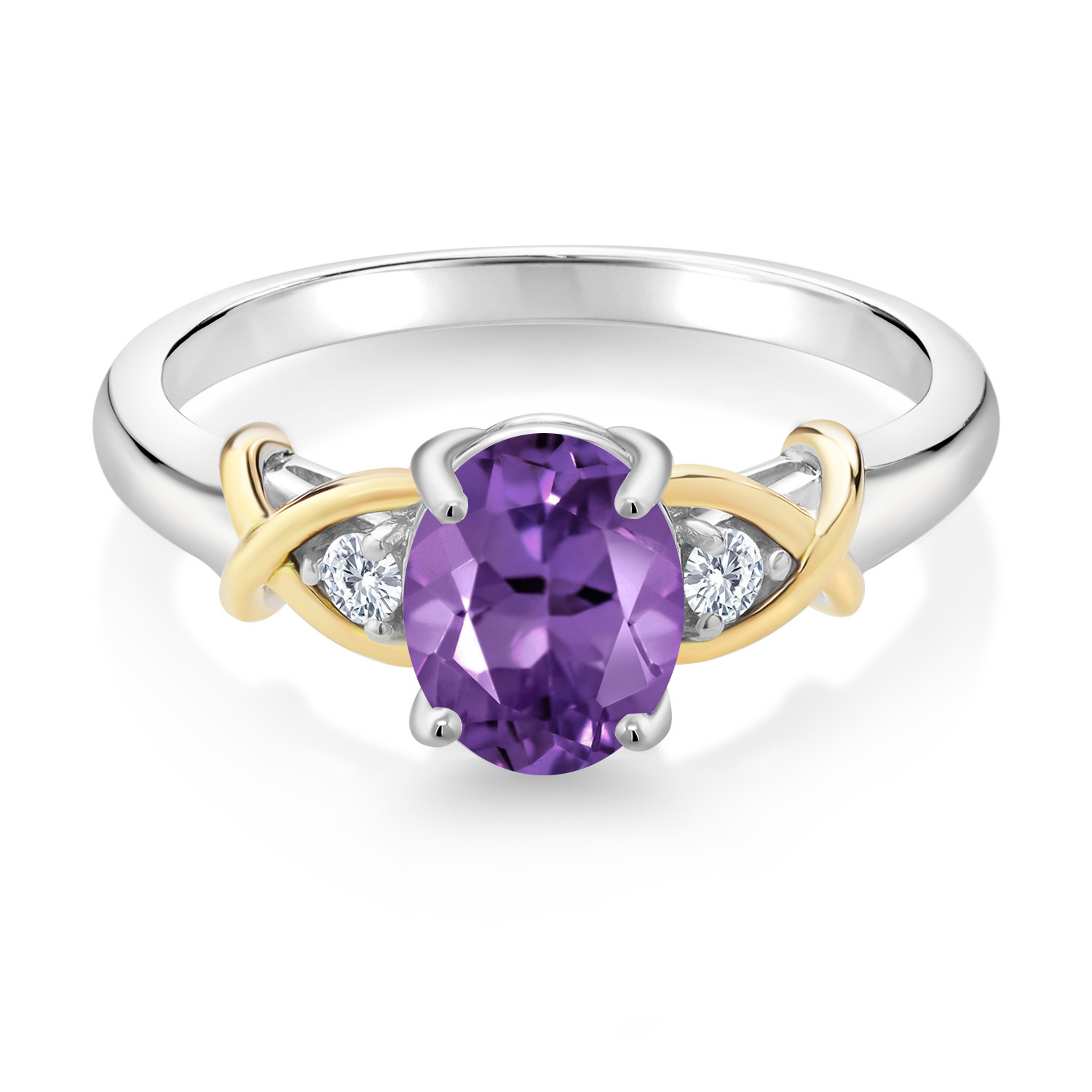 Gem Stone King 2 Tone 10K Yellow Gold and 925 Sterling Silver Purple Amethyst and Lab Grown Diamond Engagement Ring for Women (1.23 Cttw, Gemstone Birthstone, Available in Size 5, 6, 7, 8, 9)